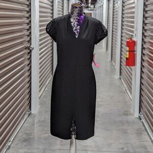 Betsey Johnson Size 12 NEW Black Sheath V-Neck Dress Lacy Sleeves and Front Slit
